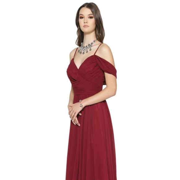 NEW LONG SLEEVELESS COLD-SHOULDER POLYESTER DRESS WITH PLEATED BODICE JT 676 - Picture 1 of 9